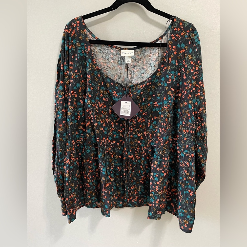 AVA & VIV Black Floral orange and blue  Peasant Long Sleeve Blouse‎ Plus Size 2X